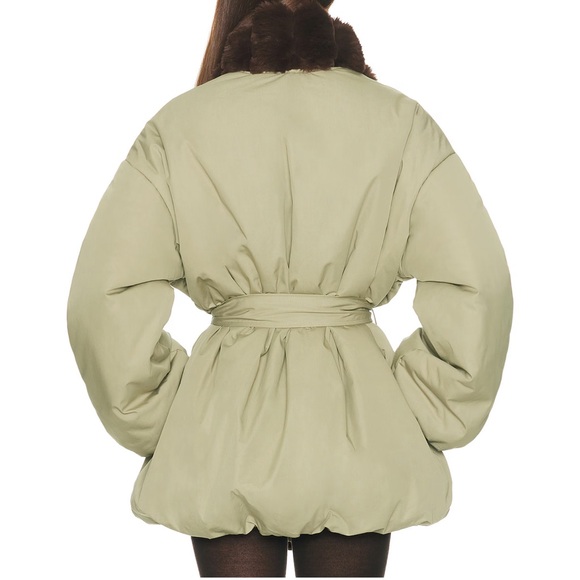 Sage Green Quilted Jacket with Brown Faux Fur Trim like helsa - Picture 5 of 8